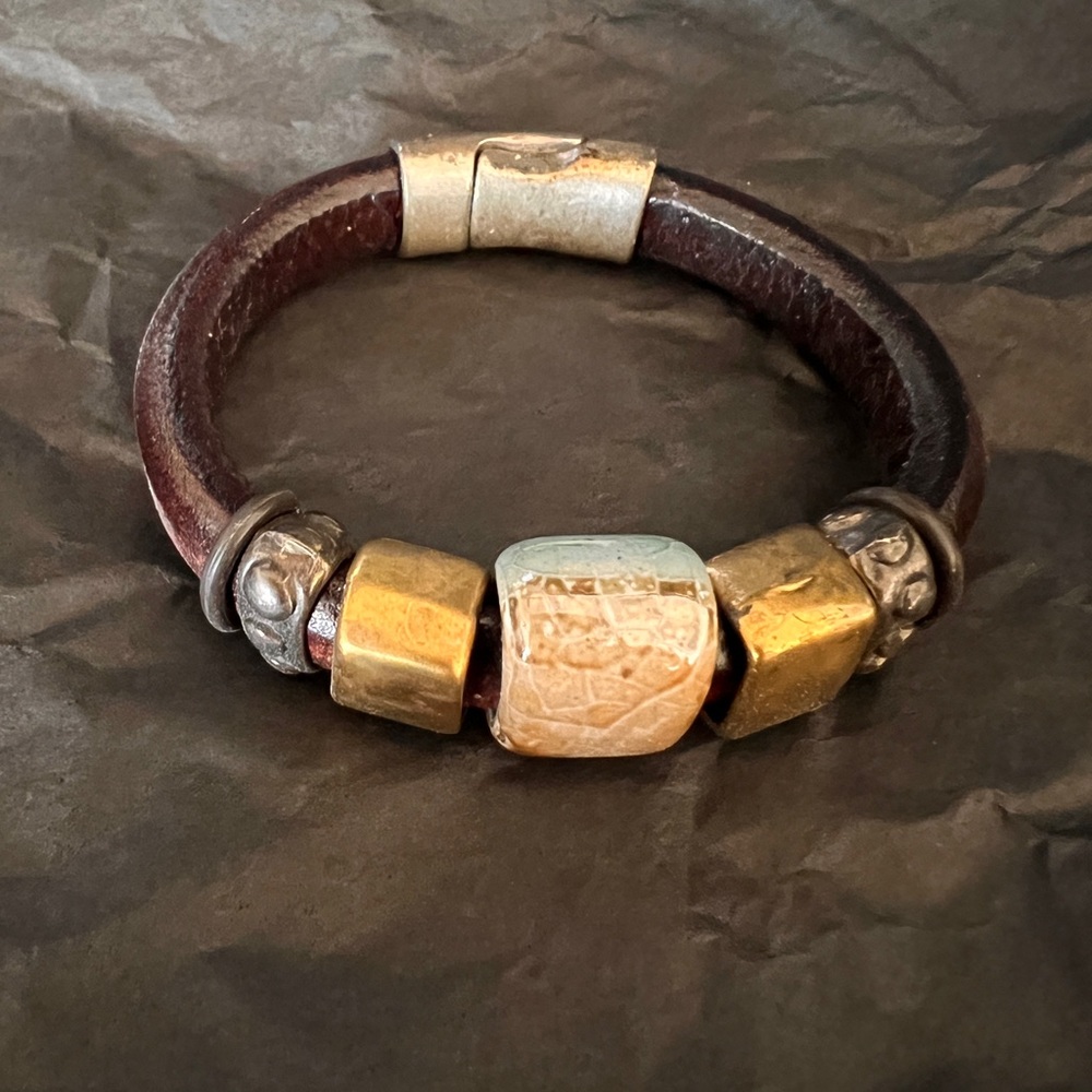 Brown Leather Bracelet with Gold Accents Perfect for Small Wrist Magnetic Clasp